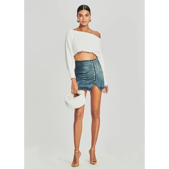 retrofete Willa Denim Mini Blue Jean Skirt Pearl Buttons, Size S, NWT! $350 - Picture 1 of 8